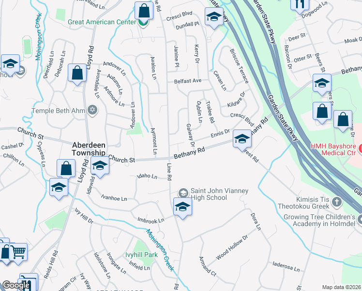 map of restaurants, bars, coffee shops, grocery stores, and more near 6 Scrivani Lane in Hazlet