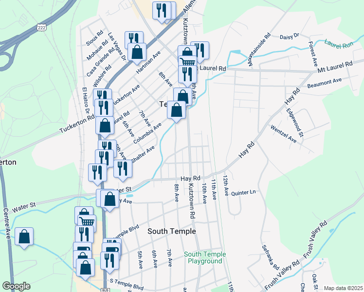 map of restaurants, bars, coffee shops, grocery stores, and more near 812 Water Street in Temple