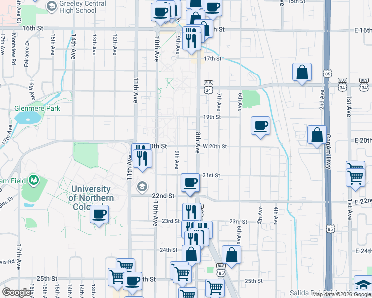 map of restaurants, bars, coffee shops, grocery stores, and more near in Greeley