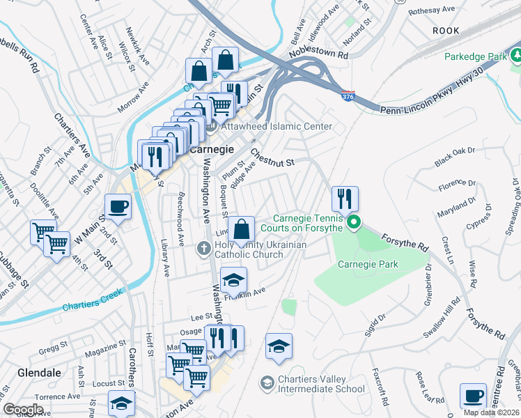 map of restaurants, bars, coffee shops, grocery stores, and more near 428 Fountain Street in Carnegie