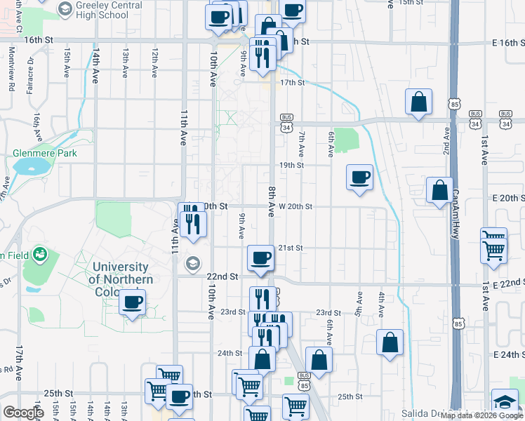 map of restaurants, bars, coffee shops, grocery stores, and more near 2010 U.S. 85 Business in Greeley