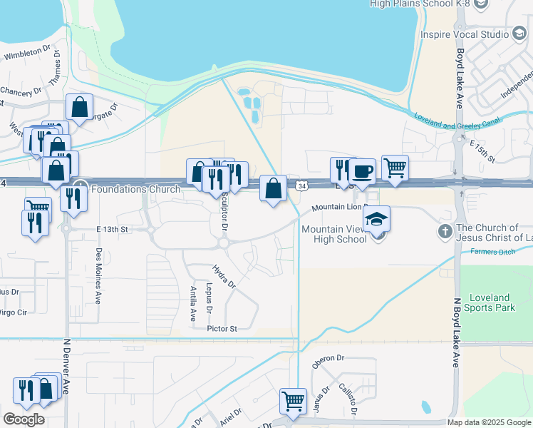 map of restaurants, bars, coffee shops, grocery stores, and more near 1340 Sculptor Drive in Loveland