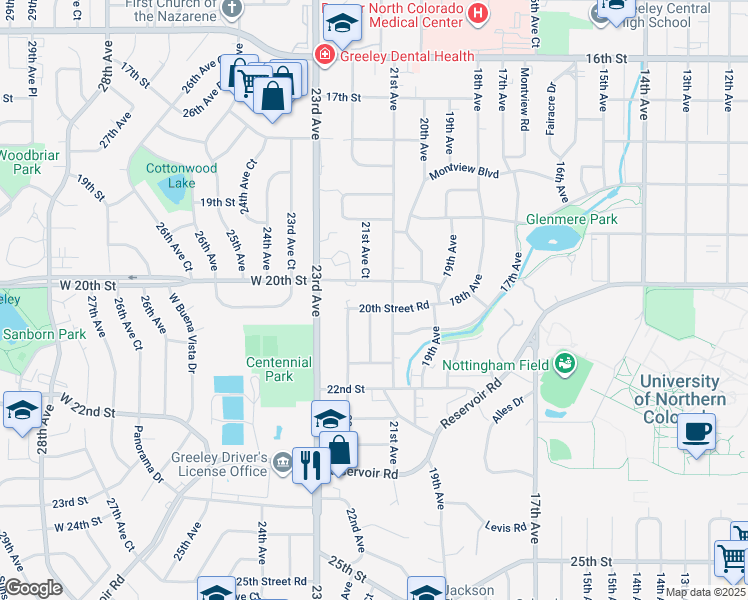 map of restaurants, bars, coffee shops, grocery stores, and more near 2032 21st Avenue Court in Greeley