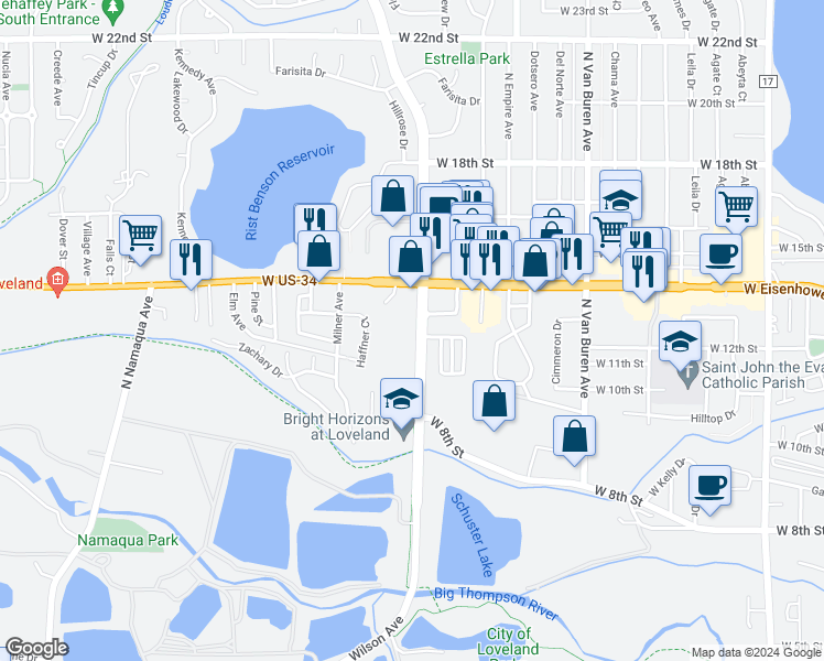 map of restaurants, bars, coffee shops, grocery stores, and more near 1165 North Wilson Avenue in Loveland