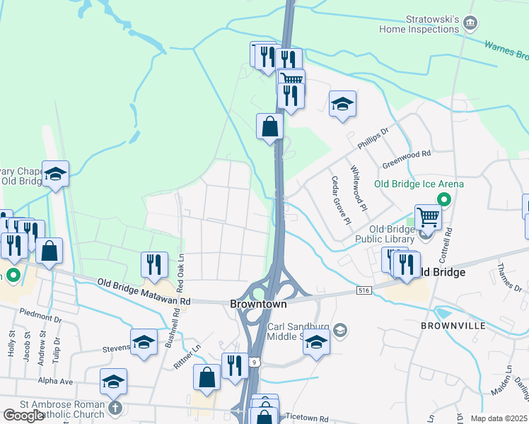 map of restaurants, bars, coffee shops, grocery stores, and more near 3040 Cottonwood Lane in Old Bridge