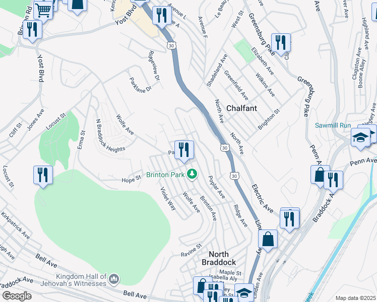 map of restaurants, bars, coffee shops, grocery stores, and more near 1306 Shaver Way in Braddock