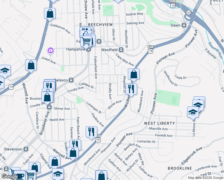 map of restaurants, bars, coffee shops, grocery stores, and more near 1870 Kiralfy Ave in Pittsburgh