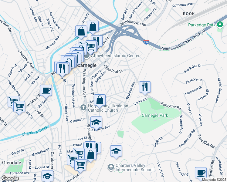 map of restaurants, bars, coffee shops, grocery stores, and more near 500 Lincoln Avenue in Carnegie