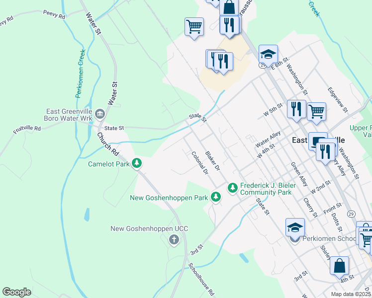 map of restaurants, bars, coffee shops, grocery stores, and more near 538 Colonial Drive in East Greenville