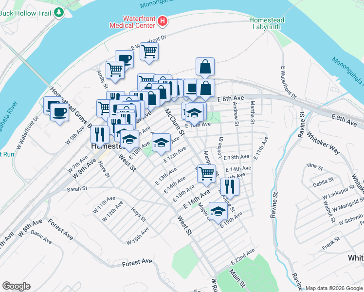 map of restaurants, bars, coffee shops, grocery stores, and more near 1212 McClure Street in Homestead