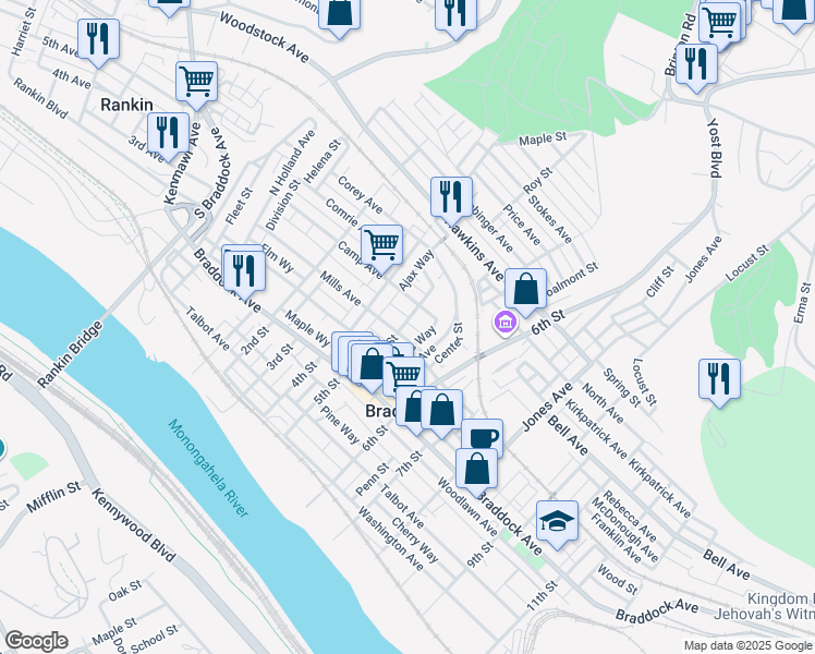 map of restaurants, bars, coffee shops, grocery stores, and more near 586 Corey Avenue in Braddock