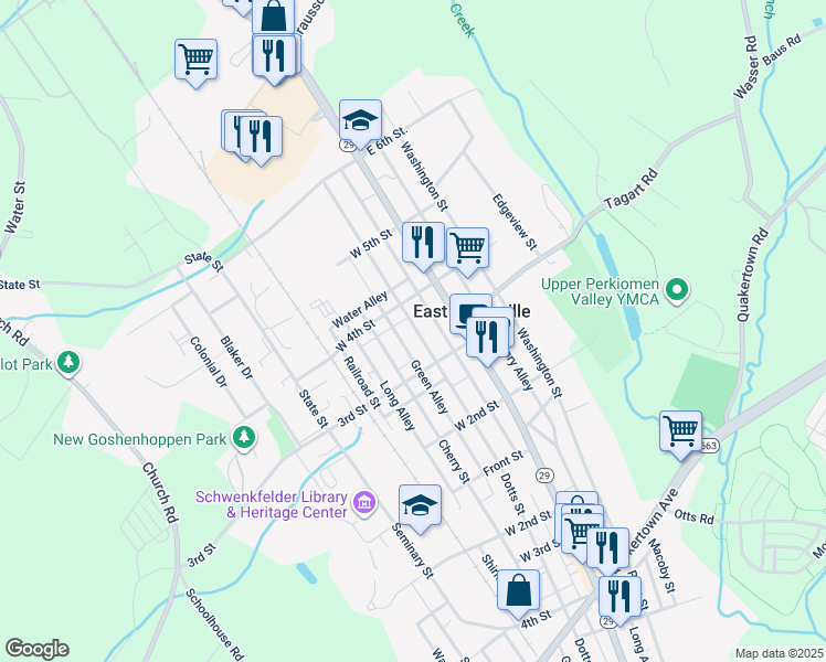 map of restaurants, bars, coffee shops, grocery stores, and more near 342 Jefferson Street in East Greenville