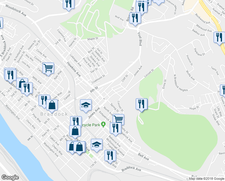 map of restaurants, bars, coffee shops, grocery stores, and more near 712 Miller Street in Braddock