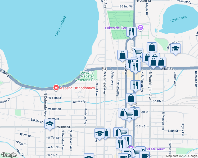 map of restaurants, bars, coffee shops, grocery stores, and more near 1302 Grant Avenue in Loveland