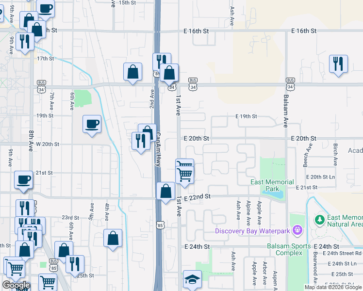 map of restaurants, bars, coffee shops, grocery stores, and more near 2036 1st Avenue in Greeley