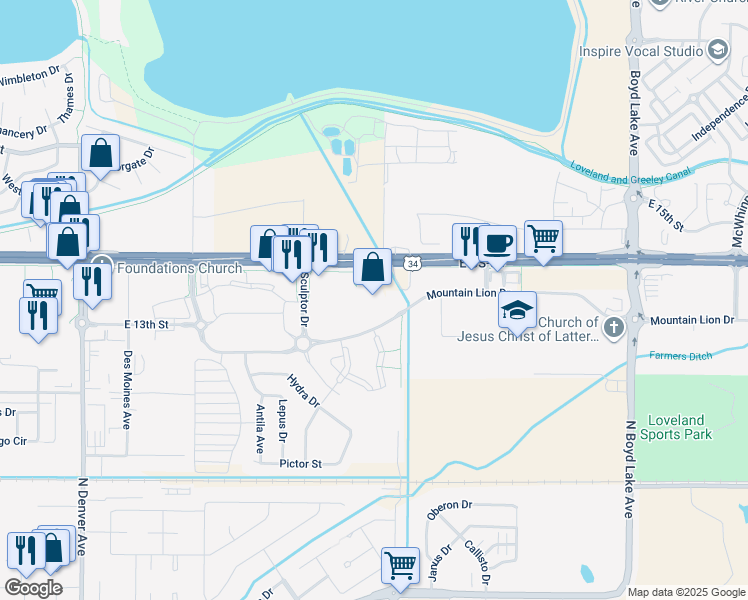 map of restaurants, bars, coffee shops, grocery stores, and more near 1340 Sculptor Drive in Loveland