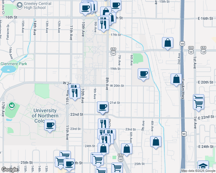 map of restaurants, bars, coffee shops, grocery stores, and more near 2010 U.S. 85 Business in Greeley
