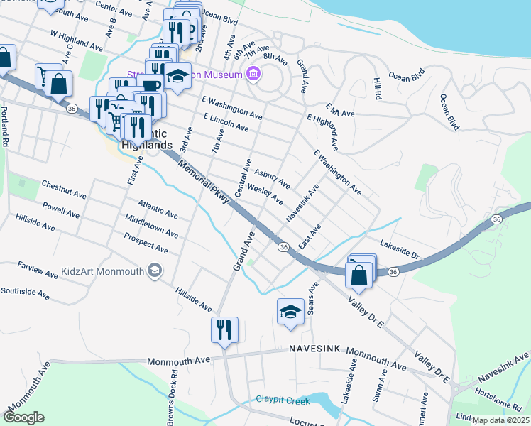 map of restaurants, bars, coffee shops, grocery stores, and more near 120 Grand Avenue in Atlantic Highlands