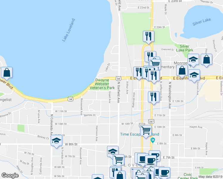 map of restaurants, bars, coffee shops, grocery stores, and more near 1302 Grant Avenue in Loveland