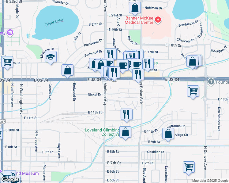 map of restaurants, bars, coffee shops, grocery stores, and more near 1330 Nickel Drive in Loveland