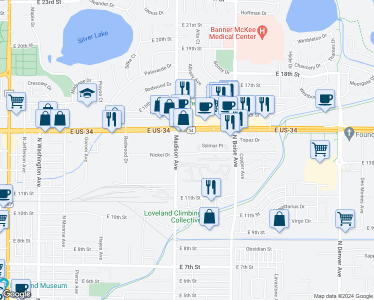 map of restaurants, bars, coffee shops, grocery stores, and more near 1302 Nickel Drive in Loveland