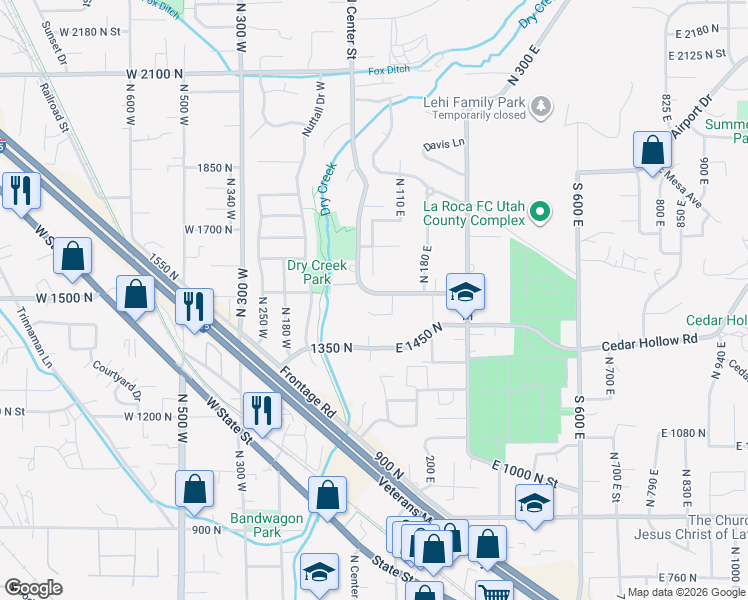map of restaurants, bars, coffee shops, grocery stores, and more near 34 1460 North in Lehi