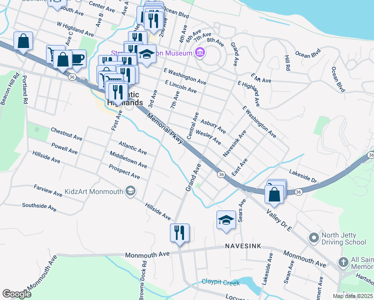 map of restaurants, bars, coffee shops, grocery stores, and more near 87 Memorial Parkway in Atlantic Highlands