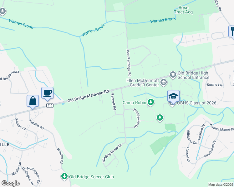 map of restaurants, bars, coffee shops, grocery stores, and more near 1 Bennett Road in Matawan