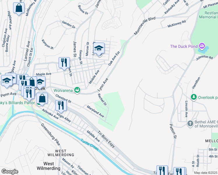 map of restaurants, bars, coffee shops, grocery stores, and more near 106 Ohio Avenue in Turtle Creek