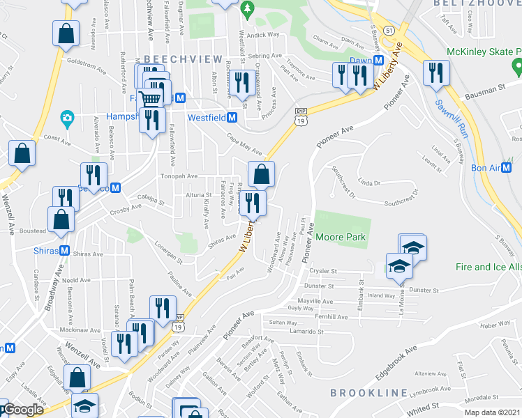 map of restaurants, bars, coffee shops, grocery stores, and more near 1820 Woodward Avenue in Pittsburgh