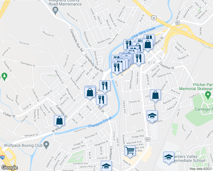 map of restaurants, bars, coffee shops, grocery stores, and more near 101 West Main Street in Carnegie