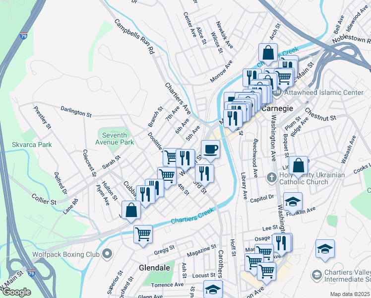 map of restaurants, bars, coffee shops, grocery stores, and more near 10 Logan Street in Carnegie
