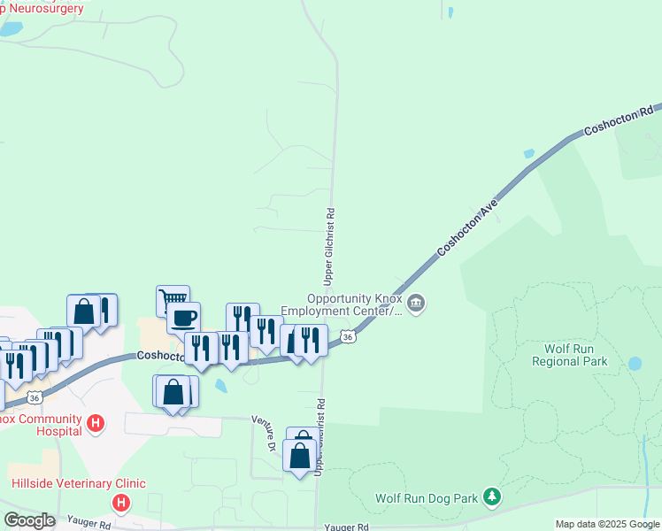 map of restaurants, bars, coffee shops, grocery stores, and more near 11770 Upper Gilchrist Road in Mount Vernon