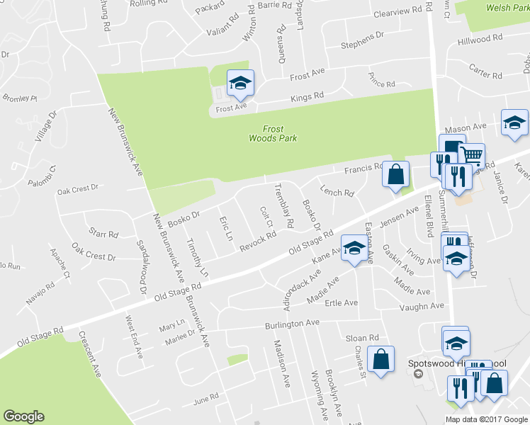 map of restaurants, bars, coffee shops, grocery stores, and more near 9 Colt Court in East Brunswick