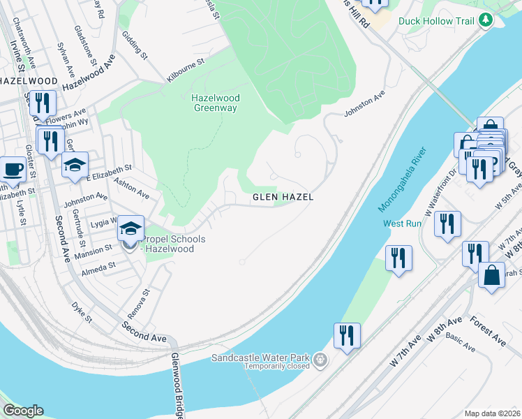 map of restaurants, bars, coffee shops, grocery stores, and more near 895 Rivermont Drive in Pittsburgh