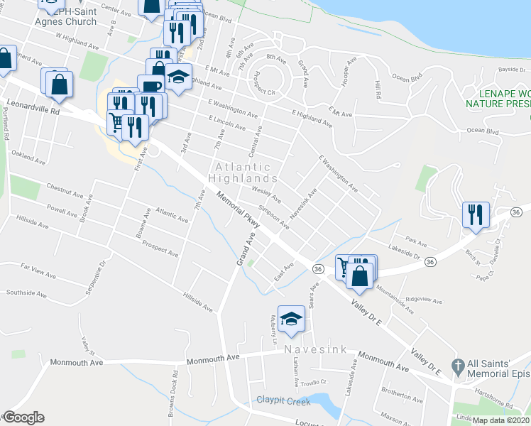 map of restaurants, bars, coffee shops, grocery stores, and more near 120 Grand Avenue in Atlantic Highlands