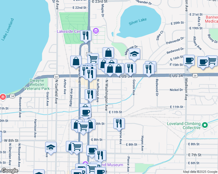 map of restaurants, bars, coffee shops, grocery stores, and more near 1273 North Washington Avenue in Loveland