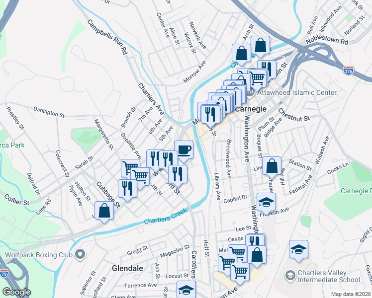 map of restaurants, bars, coffee shops, grocery stores, and more near 35 West Main Street in Carnegie