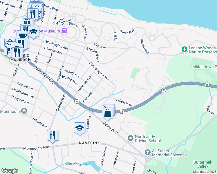 map of restaurants, bars, coffee shops, grocery stores, and more near 115 East Lincoln Avenue in Atlantic Highlands