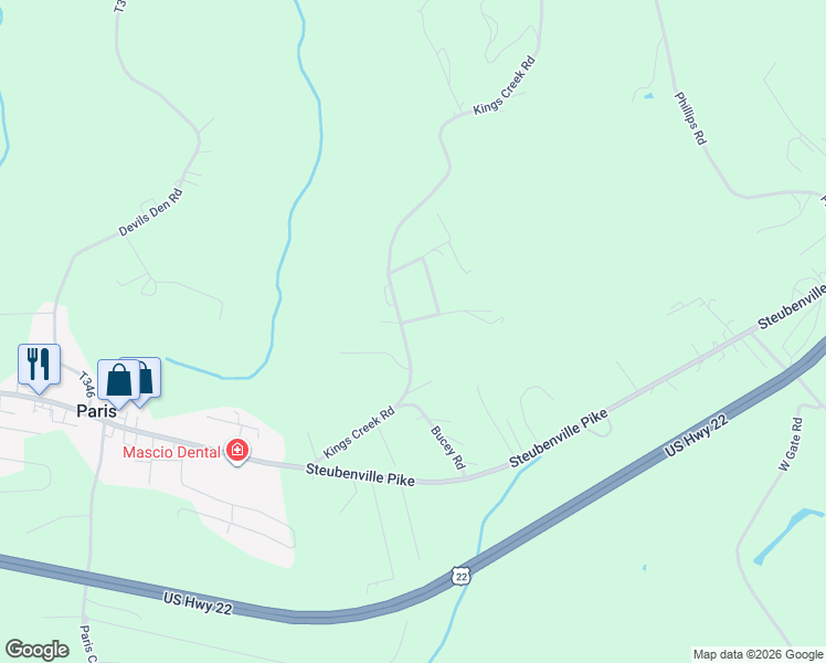 map of restaurants, bars, coffee shops, grocery stores, and more near 70 Kings Creek Road in Burgettstown