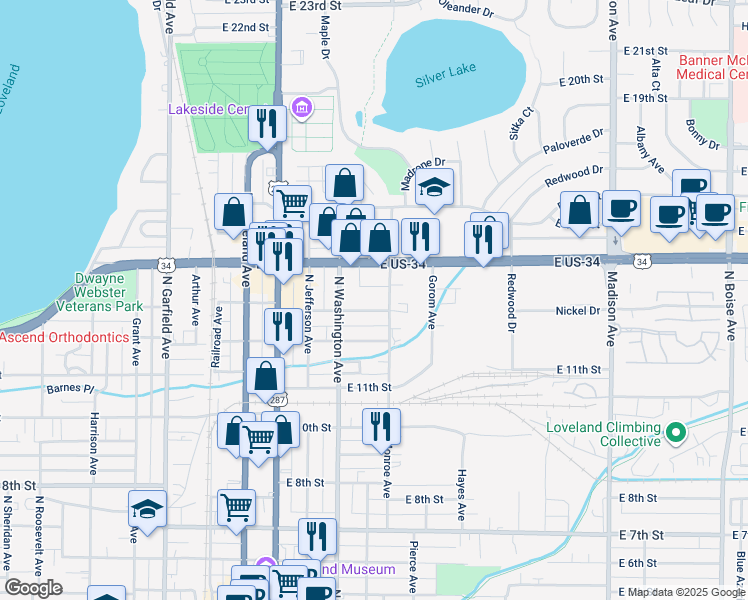 map of restaurants, bars, coffee shops, grocery stores, and more near 529 East 13th Street in Loveland