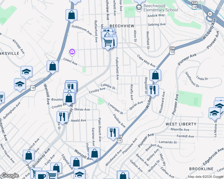 map of restaurants, bars, coffee shops, grocery stores, and more near 111 Pauline Place in Pittsburgh