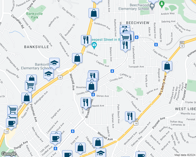 map of restaurants, bars, coffee shops, grocery stores, and more near 2020 Broadway Avenue in Pittsburgh