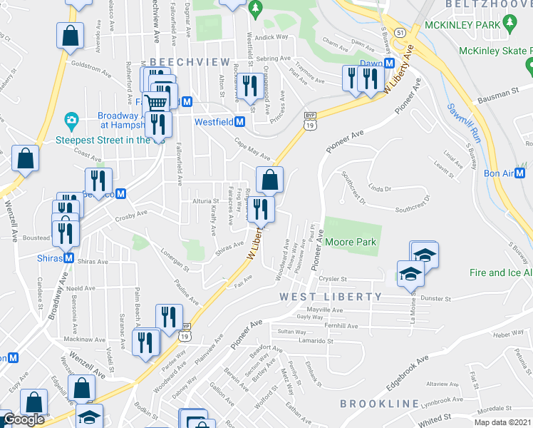 map of restaurants, bars, coffee shops, grocery stores, and more near 1811 West Liberty Avenue in Pittsburgh
