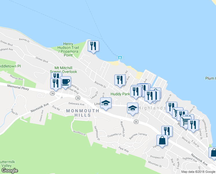 map of restaurants, bars, coffee shops, grocery stores, and more near 164 Bayside Drive in Highlands