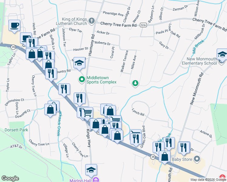 map of restaurants, bars, coffee shops, grocery stores, and more near 205 Harmony Road in Monmouth County