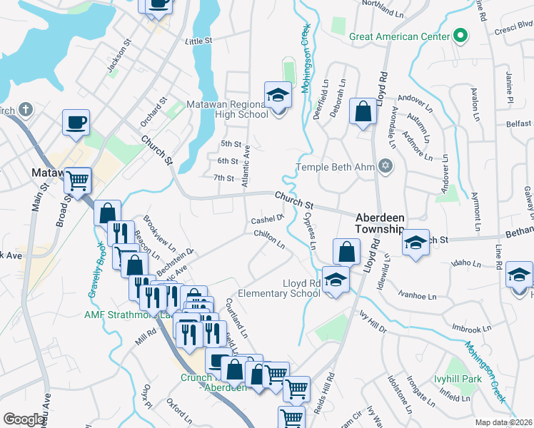 map of restaurants, bars, coffee shops, grocery stores, and more near 225 Cashel Drive in Monmouth County