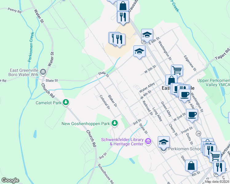 map of restaurants, bars, coffee shops, grocery stores, and more near 448 A State Street in East Greenville