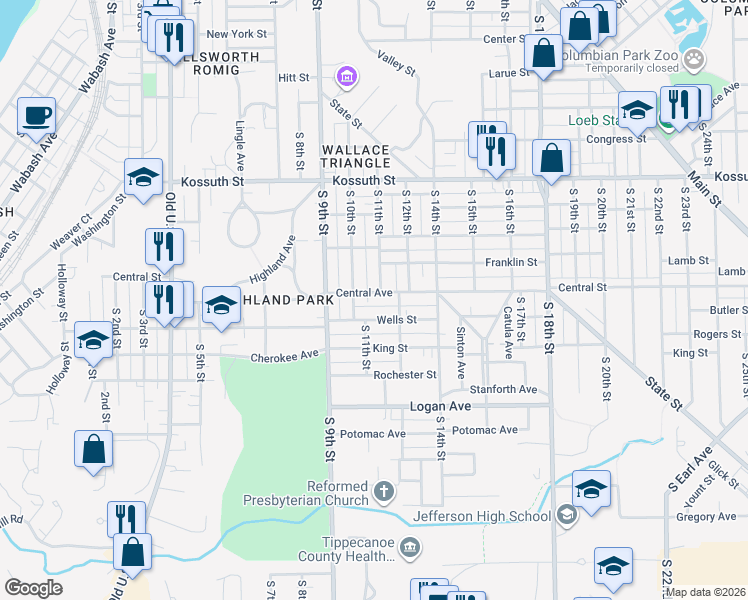 map of restaurants, bars, coffee shops, grocery stores, and more near 1010 Wells Street in Lafayette