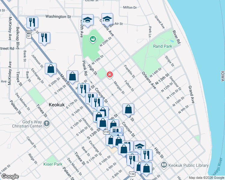 map of restaurants, bars, coffee shops, grocery stores, and more near 224 North 15th Street in Keokuk